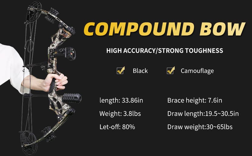 Compound Bow and Arrow Set for Adults Archery Shooting Bow Adjustable 30-65lbs Composite Bow Combination 19.5"-30" Draw Length Hunting Equipment