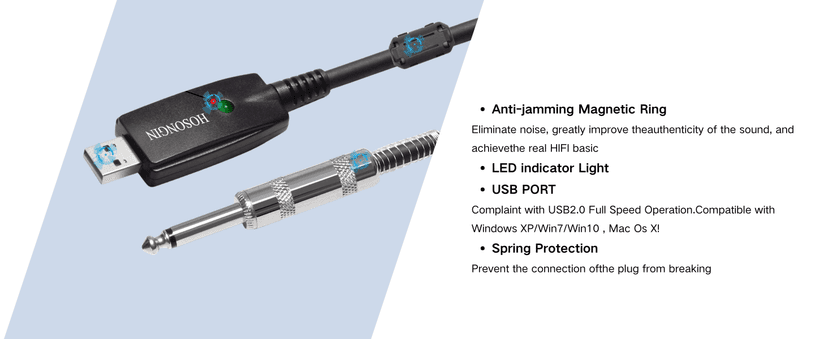 HOSONGIN USB Guitar Cable - USB Interface Male to 6.35mm 1/4" TS Mono Electric Guitar Converter Cable (10 Ft, Black)