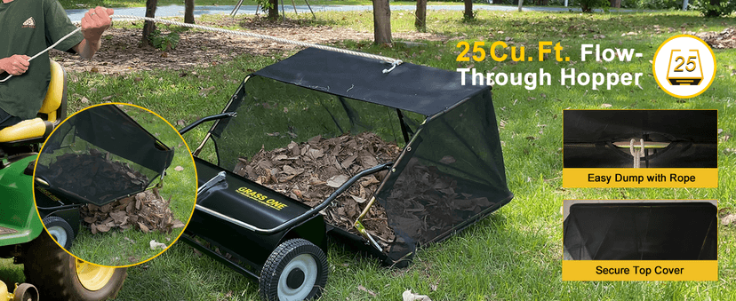 Grass One 44 Inch Tow-Behind Lawn Sweeper with 25 Cu.Ft Hopper Bag, Adjustable Brush Height & Easy Dump-from-Seat – Picks Up Leaves, Grass & Yard Debris, Garden Gift