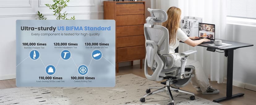 Ergonomic Office Chair with Footrest, High Back Mesh Computer Chair with Lumbar Support, 5-Level Backrest Height, 4D Flip-Up Arms for Home & Gaming Desk (Gray Mesh 3-Zone Lumbar Support+4D Armrest)