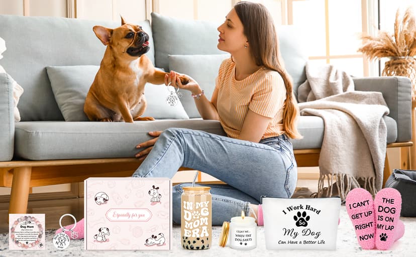 Dog Mom Gifts for Women Dogs Themed Gift for Dog Lovers Gifts for Women Gift for Dogs Owners Puppy Themed Basket - Drinking Cup Makeup Bag Candle Bracelets Keychain Socks