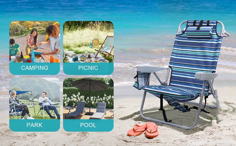 Yestomo Beach Chairs for Adults Heavy Duty, Compact Portable Lay Flat Folding Chair with Backpack Straps and Large Cooler Pouch, Support to 350LBS (Stripes_Blue&Cyan)