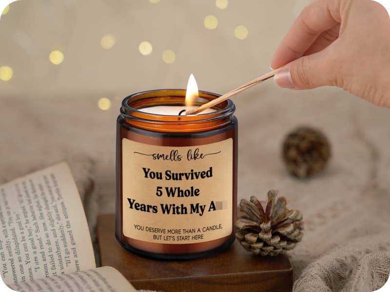 LEADO 5th Wedding Anniversary Candle - 5 Year Marriage Wood Themed Gifts for Husband Wife, 5 Year Anniversary Candle Gifts for Him Her - 5th Anniv. Funny Present for Couple, Women, Men, BF, GF