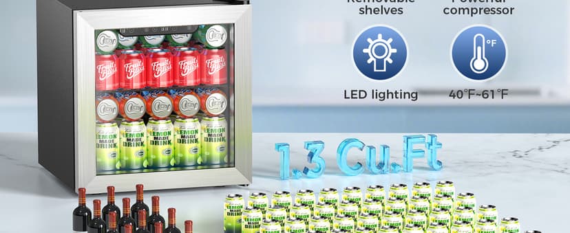 Beverage Refrigerator, 50 Cans Commercial Mini Fridge Cooler, 1.3 Cu.ft with Glass Door, Adjustable Shelves, Digital Temperature Freestanding Small Drink Fridge Soda Beer or Wine for Home Dorm Bar