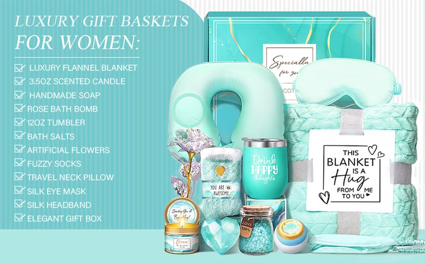 LUCOTIYA Birthday Gifts for Women Self Care Gifts Get Well Soon Gifts,Ocean Relaxing Spa Gift Basket Care Package with Blanket, Idea Thinking of You Gifts for Mom Her Best Friends Sister Wife