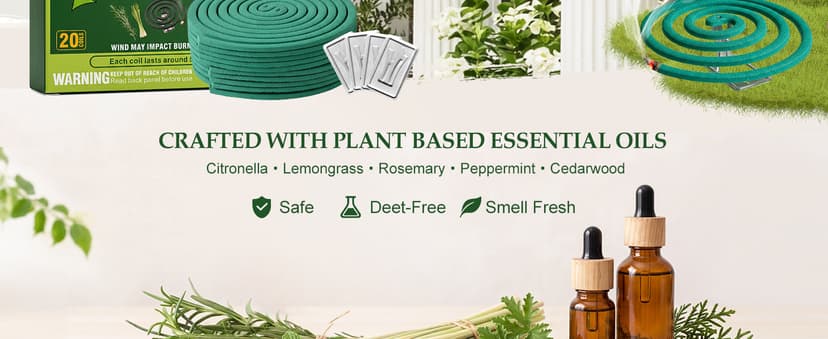 KICKOUTOR Mosquito Repellent Incense Coils with Natural Citronella Oil, 20 Coils & 4 Stands, DEET-Free Outdoor Protection for Patio, Backyard & Camping, Burns 5-7 Hours Against Gnats & No-See-Ums
