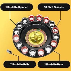 Shot Glass Roulette Drinking Game – 16-Piece Red/Black Set with 2 Metal Balls, Fun Adult Party Game for White Elephant, Game Nights, and Gifts B001JSX7KW