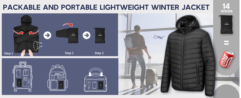 Outdoor Ventures Men's Lightweight Packable Hooded Puffer Jacket Insulated Winter Coat for Snow Ski Traveling