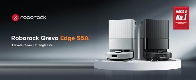 Roborock Qrevo Edge S5A Robot Vacuum and Mop, 18,500Pa, Zero-Tangling, DuoDivide Main Brush, FlexiArm Side Brush, Hot Water Mop Washing & Self-Cleaning, Warm Air Drying, Self-Emptying, White