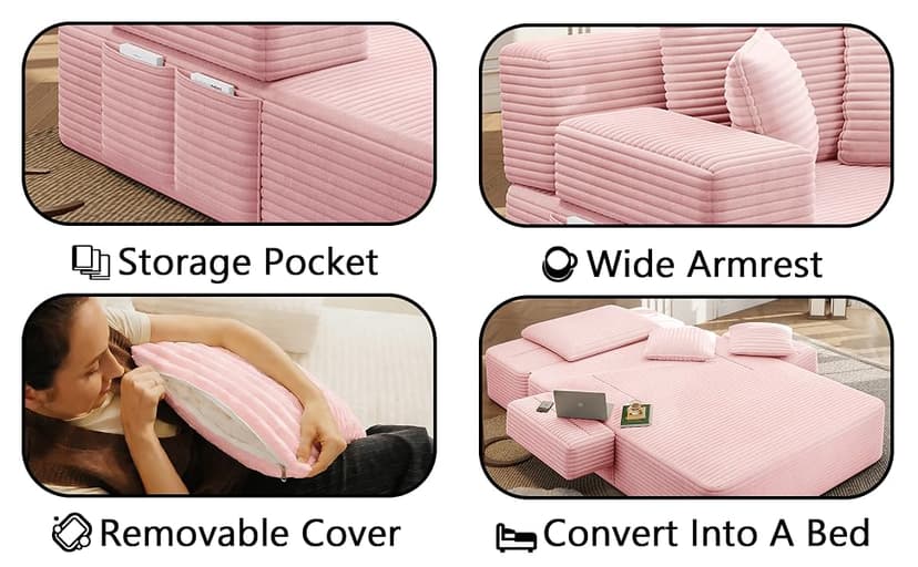 2 in 1 Corduroy Chaise Lounge Chair Indoor, 60'' Oversized Boneless Sofa Chaise Lounge with Pocket, Plush Cozy Deep Seat Couch Chair for Living Room, Bedroom, Small Spaces, RV (Pink)