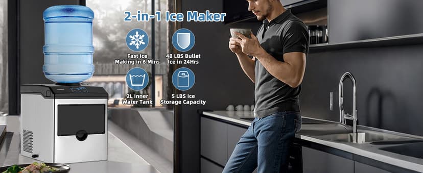 COSTWAY 2 in 1 Countertop Ice Maker Built-in Water Dispenser, 48LBS per Day, S/M/L Size Ice Cube, 5LBS Ice Storage Basket, Fast 6 Mins, Stainless Steel Ice Machine with Extendable Chilled Water Spout