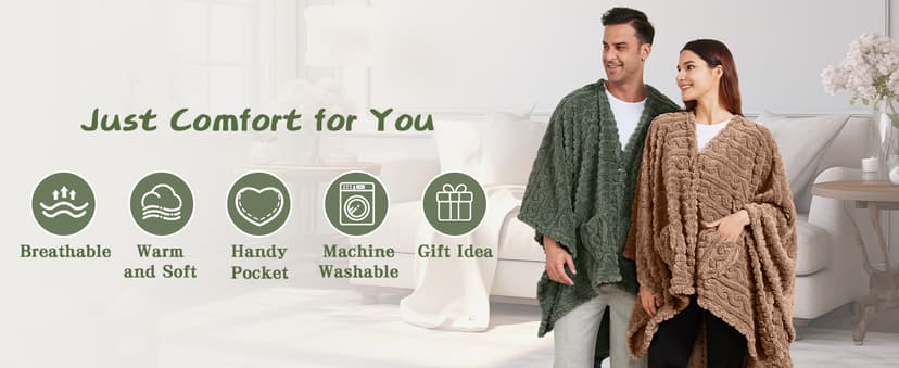 Wearable Blanket Poncho Cape Wrap for Adult, Cozy Sherpa Fleece Pocketed Shawl TV Throw Blankets for Office and Lounge,Green B0DJ8RLDQ3