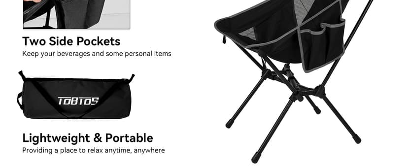 TOBTOS Portable High Back Camping Chair, Support 440 lbs, Ultralight Folding Chair with Head Support, Compact Backpacking Chair for Outdoor Camp Backpacking Fishing (Black)
