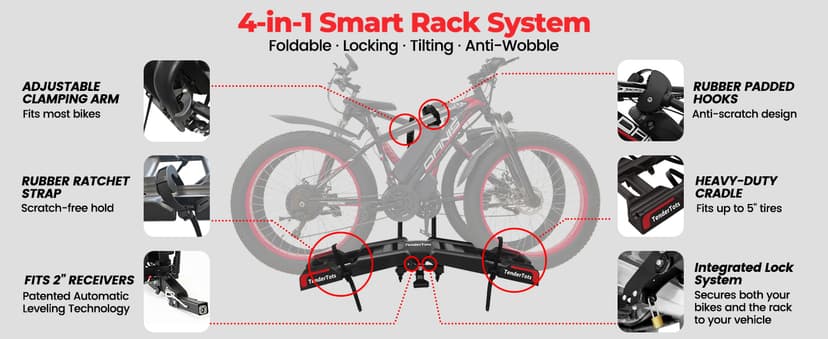 Ebike Rack with Ramp for 2 E-Bikes, Hitch Bike Rack Fits 5" Fat Tire, Heavy-Duty Platform Carrier with Ramp, Foldable Tilting Locking, 2" Receiver for Cars SUVs Trucks, No Assembly