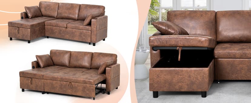 Lesofair 84" L-Shape Pull Out Sofa Bed with Adjustable Backrest, Upholstered Sectional Sleeper Sofa with Storage Chaise, Suede Leather Reversible Couch Bed with USB Port for Living Room, House, Brown