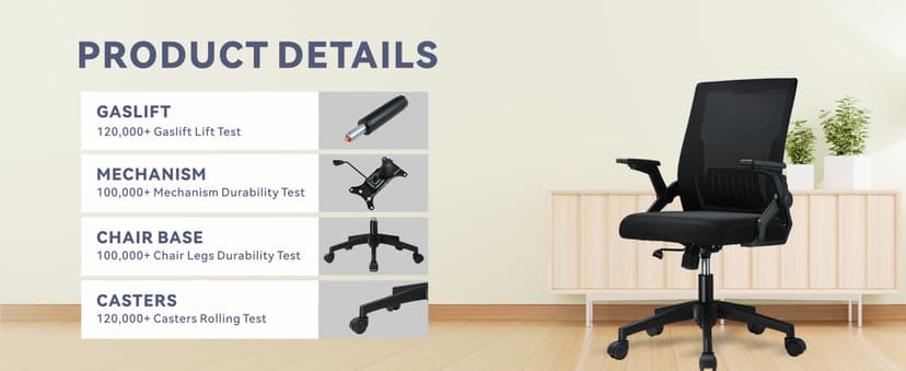 COMHOMA Office Chair with Flip-up Armrests Ergonomic Computer Desk Chair with Adaptive Lumbar Support & Breathable Mesh, Black