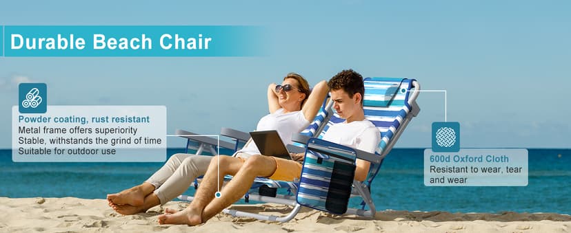 Suteck Backpack Beach Chairs for Adults, 5-Position Lay Flat Reclining Chair with Cooler Pouch, Cup Holder, Towel Bar, 2-Pack Portable Folding Beach Chair for Lawn Outdoor (1, Light Blue)