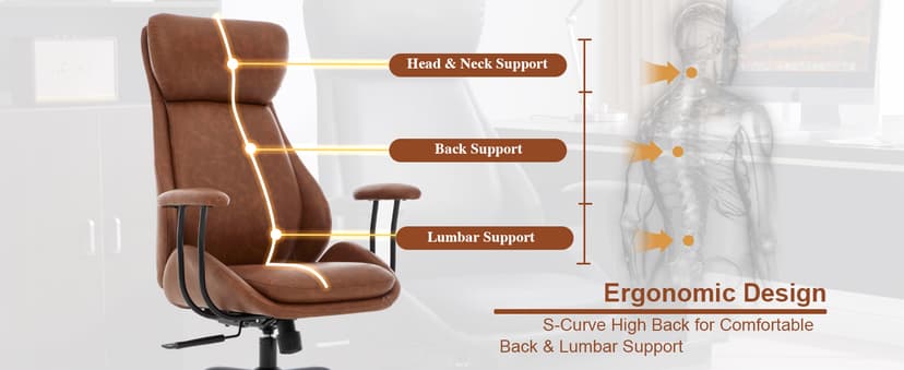 E-Motie Office Chair, Leather Desk Chair with Rubber Wheels, Ergonomic Computer Chair 500 LBS with Lumbar Support, High Back Executive Chair for Modern Home Office, Brown