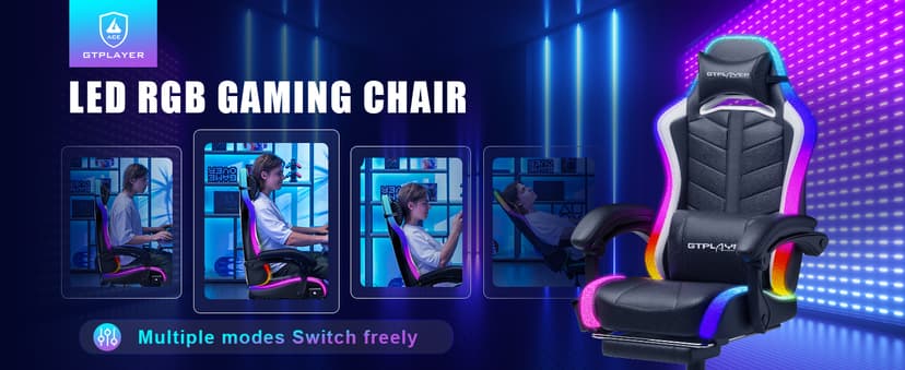 GTPLAYER Gaming Chair, Computer Chair with RGB LED Lights, High Back Ergonomic Chair for Adults with Footrest and Linkage Armrests& Headrest Lumbar Support (Without Bluetooth Speakers)
