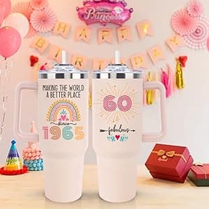60th Birthday Gifts for Women Her, Cool 1965 60 th Birthday Gifts for Woman Turning 60 Year Old, 60th Birthday Decorations for Women Mom, 60th Birthday Gifts Ideas, 60 and Fabulous 40oz Tumbler Cup