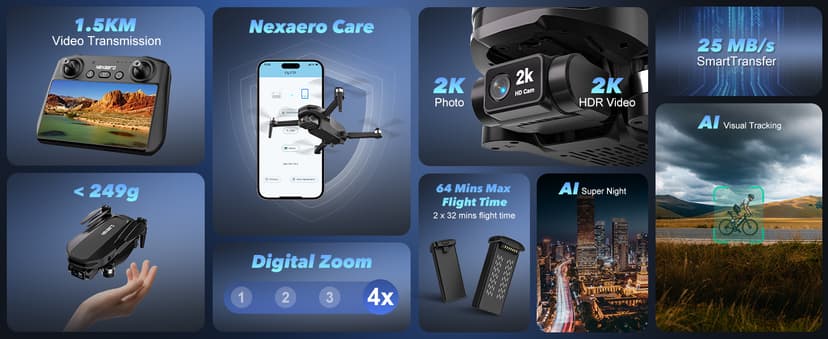 GPS Drone with EIS 2K Camera for Adults, 7.22 inch Screen on Remote Controller,FPV RC Drones with Al Track&Night Shot with Professional GPS,Auto Return Follow Me for Beginner,Long Range Transmission, 2 Batteries 64min Flight Time,Handbag Under 249g