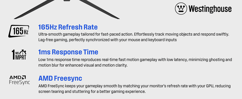 Westinghouse 32 Inch Curved Gaming Monitor, 165Hz, 1ms, FHD 1080P, 3000:1 Contrast Ratio, 118% SRGB, 1500R, AMD FreeSync, Eyecare, for PC Games with Built-in Speakers, DisplayPort, HDMIx2