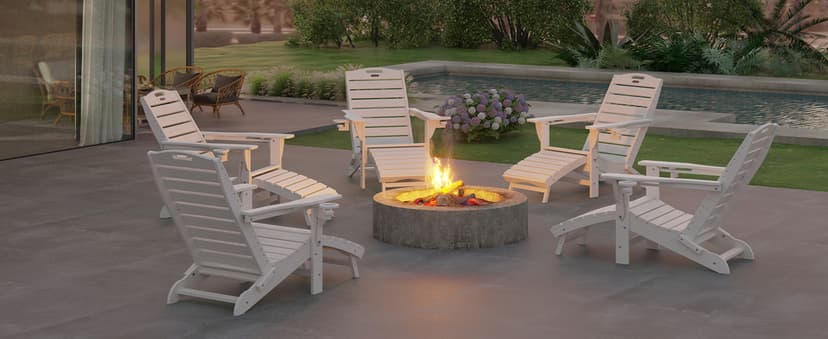 Ciokea Folding Adirondack Chair with Retractable Ottoman Fire Pit Patio Chair with Pull Out Foot Rest Weather Resistant Lawn Outdoor Lounge Chair with 2 Cup Holder (Grey)