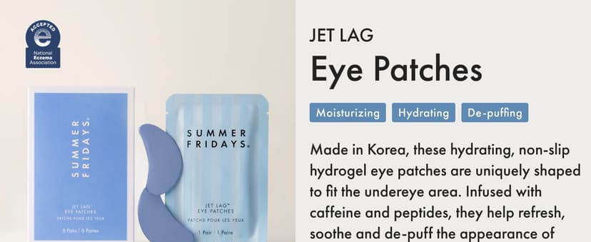 Summer Fridays Jet Lag Hydrating Eye Patches - De-puffing Hydrogel Under Eye Masks with Hyaluronic Acid, Caffeine + Peptides - Soothing + Refreshing At-Home + Travel Skin Care (6 Pairs) B0F19YY96Z