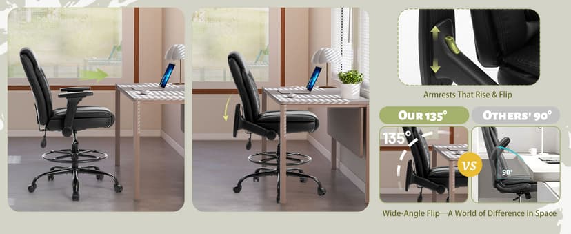 Drafting Chair,Executive Tall Office Chair Flip-up Armrests for Counter Height Desk Drawing Use,High Task Chair with Adjustable Foot Ring & Inflatable Lumbar Support, Swivel Computer Stool,PU Black