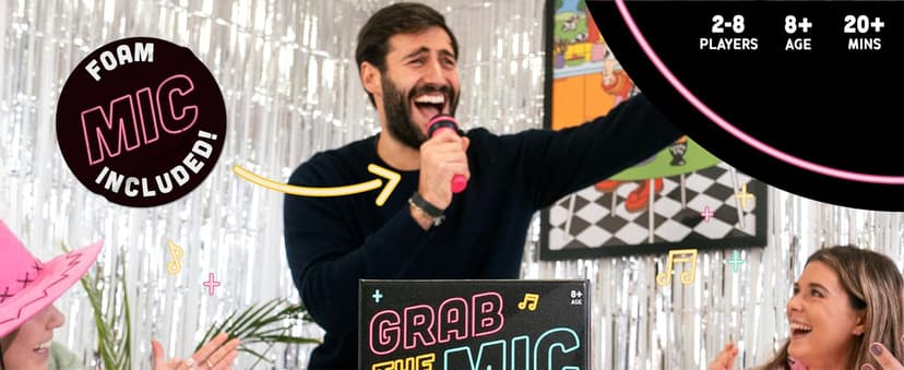 Lucky Egg Official Grab The Mic – Family Karaoke Board Game w/Foam Mic, 8+ Ages, 2-10 Players - Games for Bad Singers w/ 230 Lyrics (115 Cards)