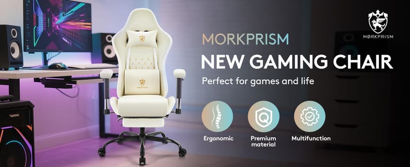 Gaming Chair,Computer Office Chair with Footrest,Massage Lumbar Support and Gel Pad,Ergonomic Reclining Leather Gamer Chair with Headrest,Adjustable Armrests and Spring Cushion Ivory