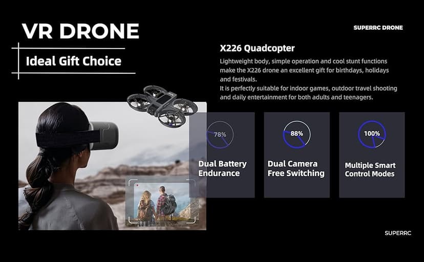 FPV Drone with Camera and VR Glasses, Brushless Motor Optical Flow Cool LED Lights Drones Dual Camera Switch RC Quadcopter 2 Batteries VR Drones for Beginners Adults X226 Drone