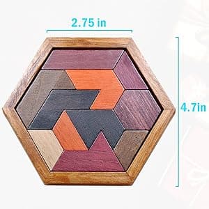 KINGOU Hexagon Tangram Puzzle Wooden Brain Puzzles for Kids & Adult Challenge Wooden Brain Teasers Puzzle Games for Family Party Gift - Brain Games for Kids