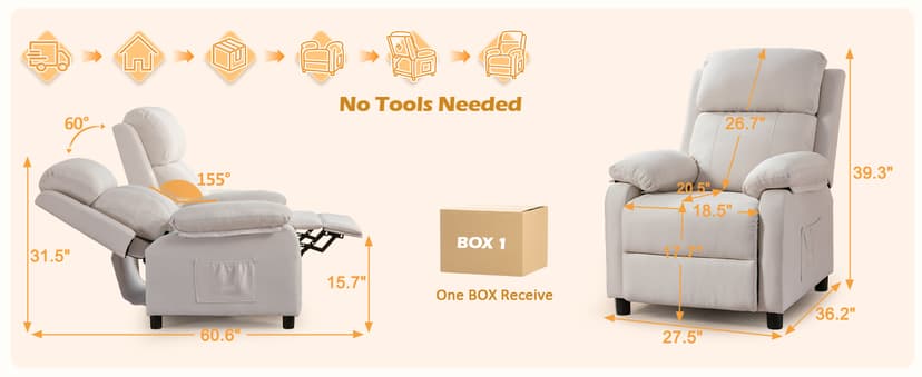 Korser Recliner Chair, Living Room Chairs for Adults, Padded Deep Seat Reading Chair with Side Pockets, Small Recliners for Small Spaces, Lounge Chair for Living Room, Bedroom, and RV (Linen)