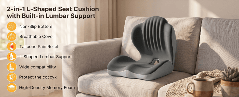 Ergonomic Office Chair Seat Cushion, L-Shaped Memory Foam Coccyx Cushion for Tailbone Pain Relief, Orthopedic Car Seat Cushion with Lumbar Support & Cutout Hollow for Sciatica & Back Pain (Grey
