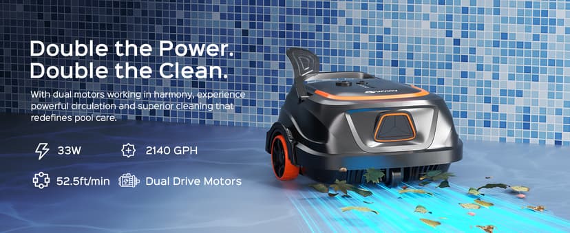 Robotic Pool Vacuum for Above Ground Pools, Dual Filters, Self-Parking, 120-Min Runtime & 2.5h Fast Charging, Powerful Suction, Ideal for Flat Pools up to 1076 sq.ft (Black Tangerine)
