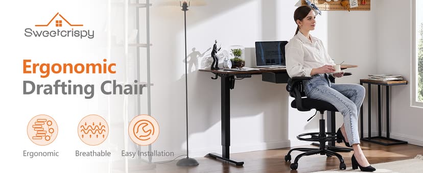 Sweetcrispy Tall Drafting Desk Chair - Ergonomic High Stool Computer with Adjustable Height and Comfy Lumbar Support, Office Rolling Counter with Flip-up Arm and Footrest, Black