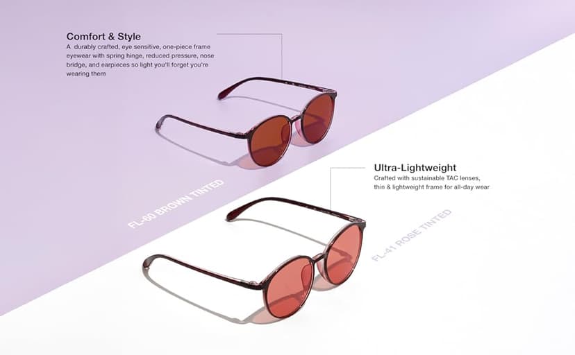 BRADDELL Indoor FL-41 Rose & Outdoor FL-60 Brown Tinted Migraine Light Sensitivity Glasses for Fluorescent LED Glare, Photophobia and Concussion (MEDIUM)