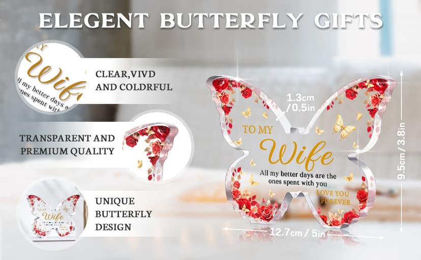 Romantic Wife Anniversary Birthday Gift Ideas, 5x3.8x0.5 Inch Butterfly Acrylic Plaque Decor, Mothers Day Valentines Christmas Wedding Present for Wife