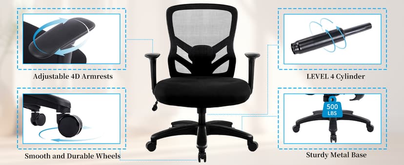 YFO Big and Tall Office Chair 500LBS - Computer Desk Chair with Adjustable Lumbar Support, Heavy Duty Ergonomic Mesh with 360 Rotation 4D Arm and Extra Wide Comfty Seat, Quiet Wheels for Adults, Black