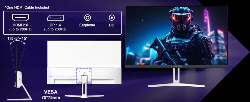 Amzfast 24 Inch Gaming Monitor 200Hz FHD 1080p Fast IPS Computer Monitor, 110% sRGB 1ms HDR Support Adaptive Sync, Eye Care VESA Mount HDMI 2.0 | Display Port 1.4 White Monitor, AMZG24X1W