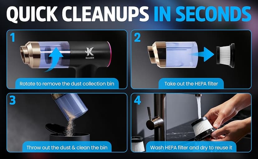 Handheld Car Vacuum Cleaner, Dual Suction 7.5K & 12k Pa, Portable Mini | Blower, Inflator, Deflator and Dustbuster for Car, Home, Kitchen & Office | Black Color