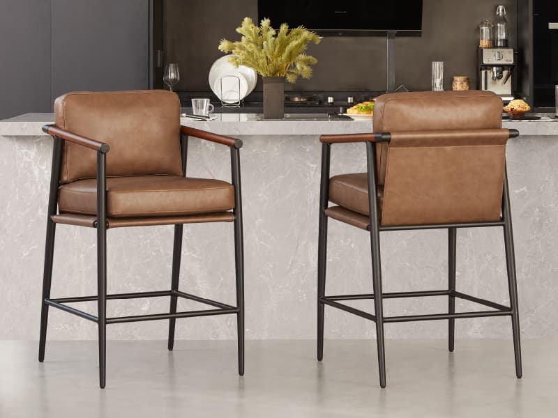 Watson & Whitely Mid Century Modern Barstools Set of 2, 26" H Upholstered Counter Height Bar Stools with Wood Armrests and Metal Legs, Fabric in Beige