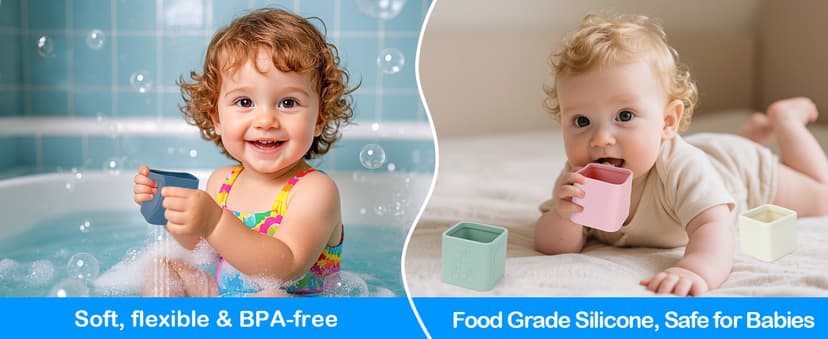 MCGMITT Baby Bath Toys for Kids Ages 1-3, 12 PCS Silicone Mold Free Bathtub Toys for 6-12 Months, Soft Stacking Cups & No Hole Duck & Floating Boats, Beach Sand Water Table Pool Toys for Toddlers