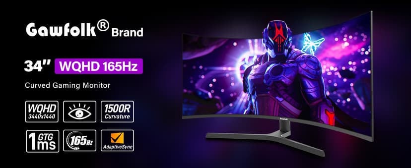 Gawfolk 34 Inch Ultrawide Curved Gaming Monitor, 1500R PC Screen UWQHD 3440x1440, 165hz Curved Computer Screen with FreeSync, Multi-Directional Adjustable Base