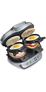 Hamilton Beach Breakfast Sandwich Maker with Egg Cooker Ring, Customize Ingredients, Perfect for English Muffins, Croissants, Mini Waffles, Perfect White Elephant Gifts, Red (25476)