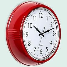 Bernhard Products Retro Wall Clock 9.5 Inch Red Kitchen 50's Vintage Design Round Silent Non Ticking Battery Operated Quality Quartz Clock