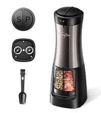 Sangcon Gravity Electric Salt and Pepper Grinder Set Automatic Shakers Mill Grinder with LED Light, BATTERY POWERED Adjustable Coarseness One Hand Operation, Upgraded Larger Capacity