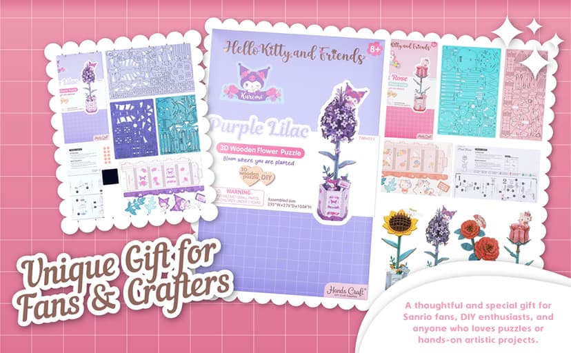 Hands Craft Hello Kitty and Friends Pink Rose 3D Wooden Puzzle Kit | DIY Flower Model | Arts & Crafts for Adults & Kids | Creative Hobby Kits | Hello Kitty Collectible | Wood Building Set