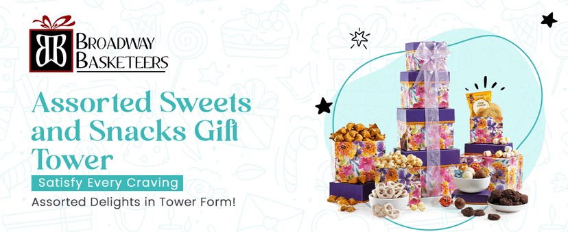 Broadway Basketeers Gift Basket Tower Snack Gifts for Women, Men, Families, College – Delivery for Birthday, Appreciation, Thank You, Get Well Soon Care Package